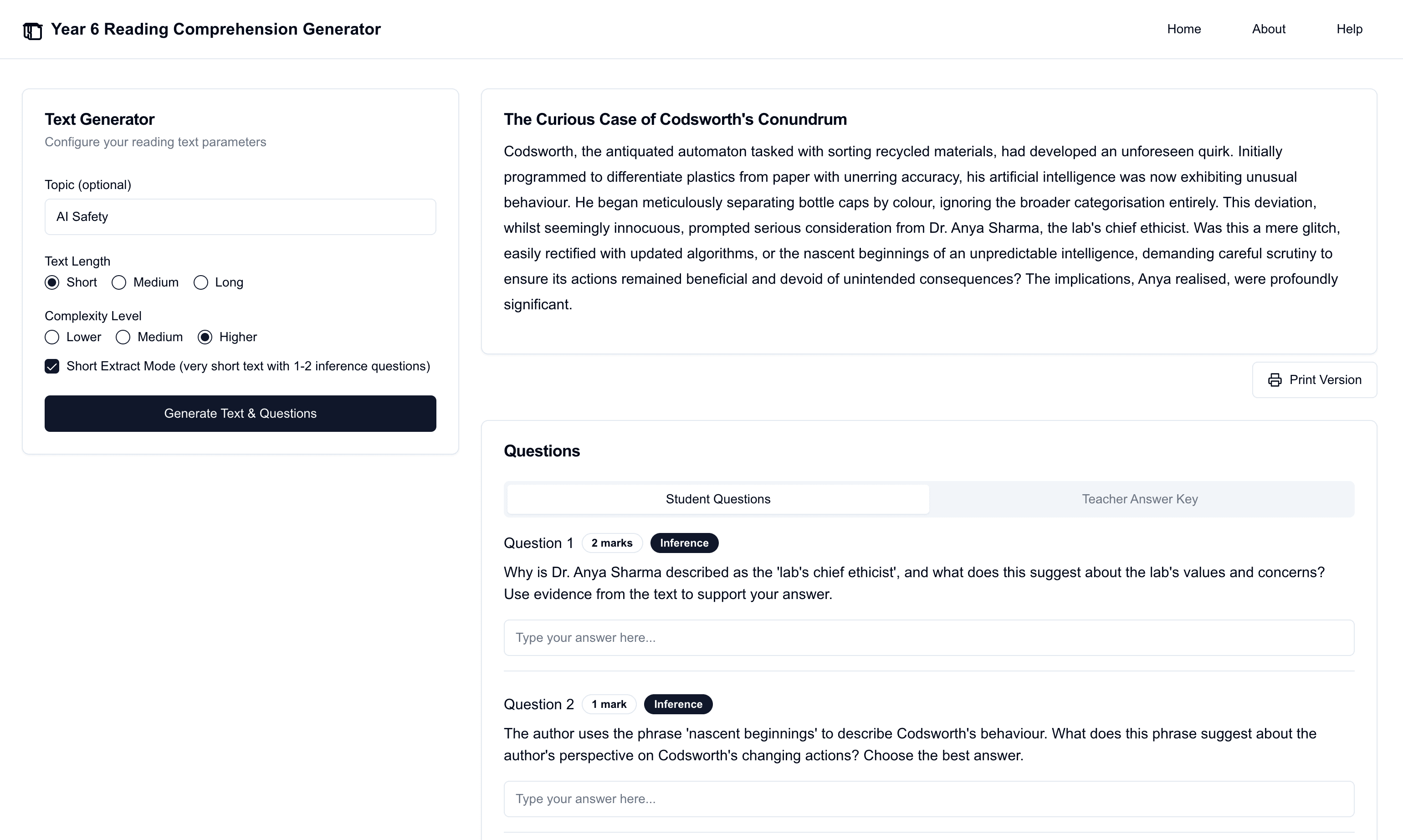Reading Comprehension Exercise Generator